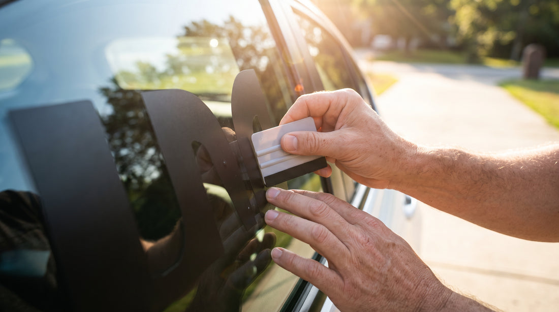 Hands using a card to smooth a decal onto a car window, pressing out bubbles