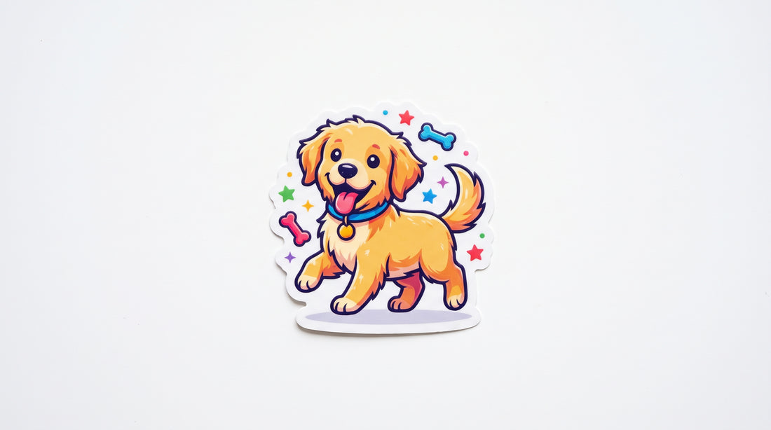 A single custom UV-printed sticker of a dog — buy just one, no minimum