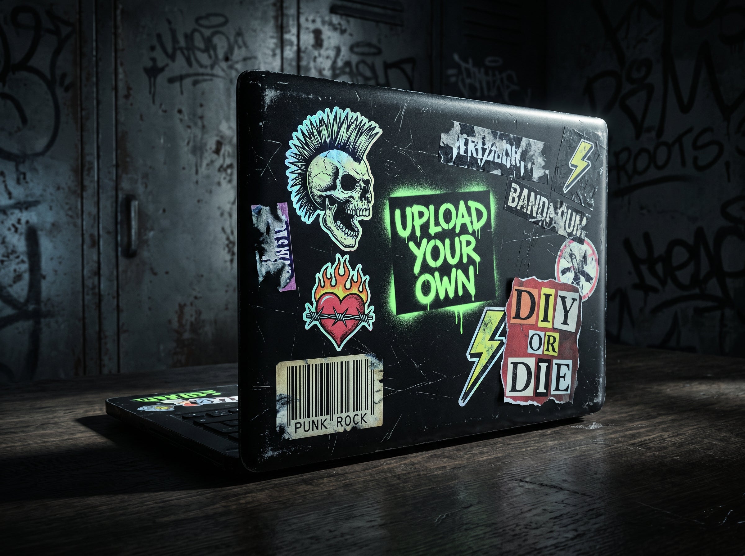 Upload Your Own Custom Sticker — punk sticker-bombed laptop, upload any image