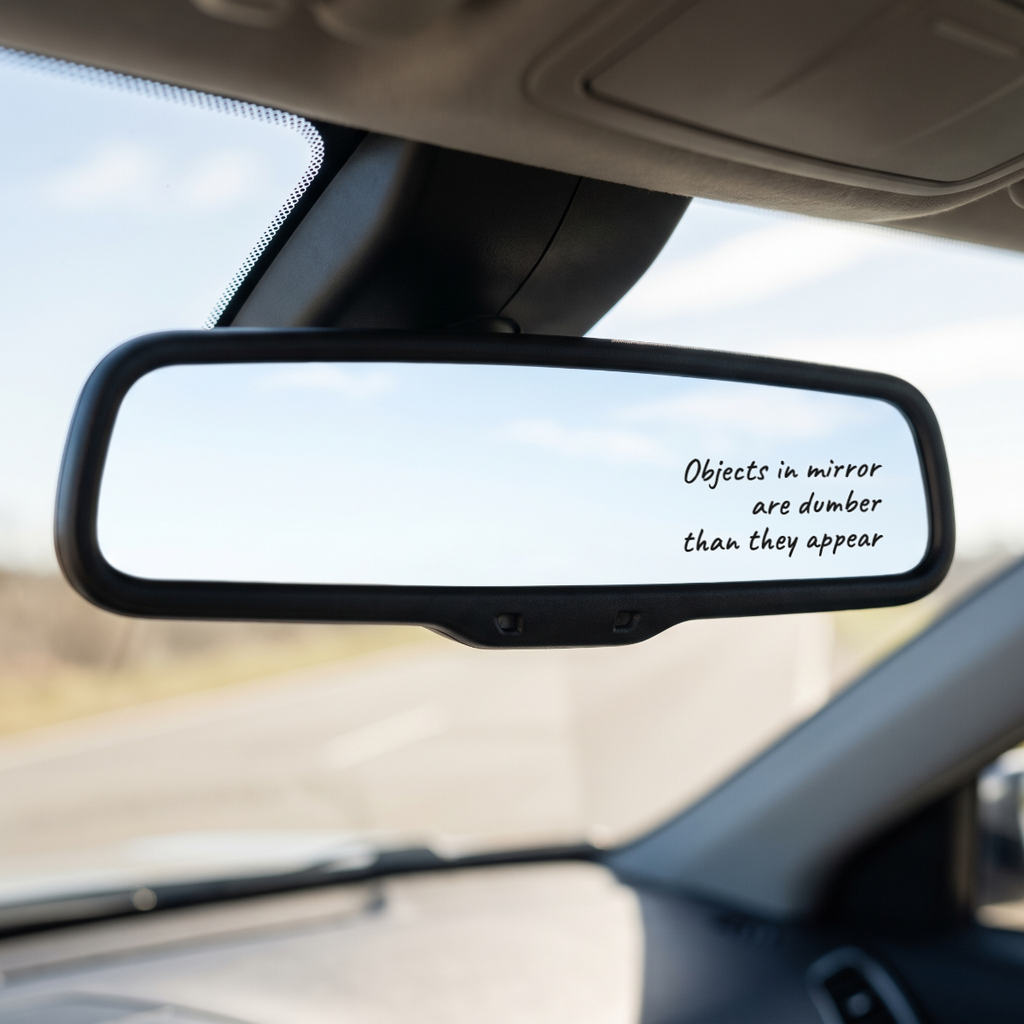 Objects In Mirror Are Dumber Than They Appear — Stickatude white-script rearview mirror decal on the mirror glass